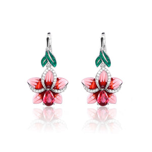 Classic New Flower Red Zircon Earrings Ladies Hypoallergenic Jewelry Leaf Flower Creative Earrings Handmade Enamel Jewelry  genevierejoy   