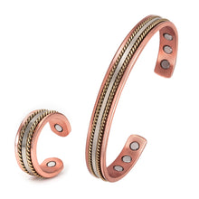 Laden Sie das Bild in den Galerie-Viewer, Jewelry-Set Magnetic Copper Bracelet Ring Healing Energy Jewelry Sets for Women Rose Gold Adjustable Cuff Ring Bracelets Bangles  Handmadebynepal   