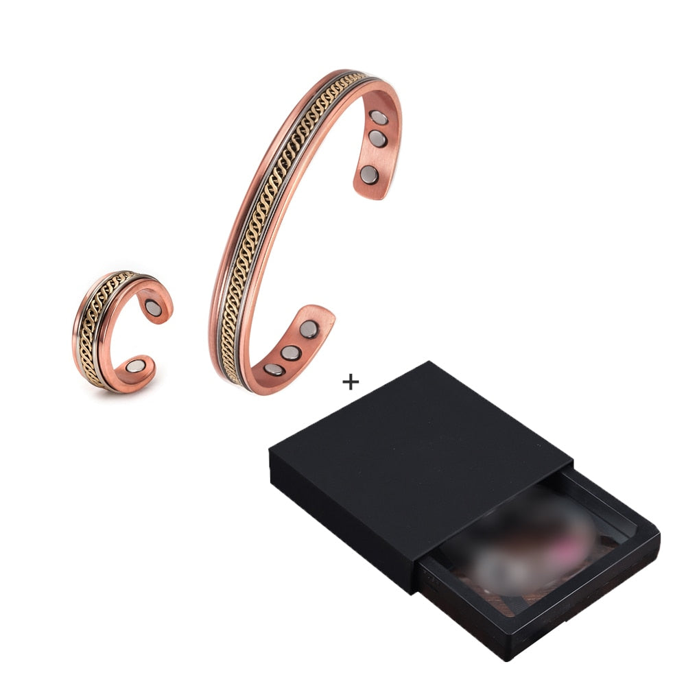 Jewelry-Set Magnetic Copper Bracelet Ring Healing Energy Jewelry Sets for Women Rose Gold Adjustable Cuff Ring Bracelets Bangles  Handmadebynepal braided box  