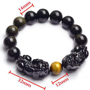 Natural Black and Gold Obsidian Stone Beads Bracelet Double Pixiu Chinese Fengshui Jewelry  Handmadebynepal   