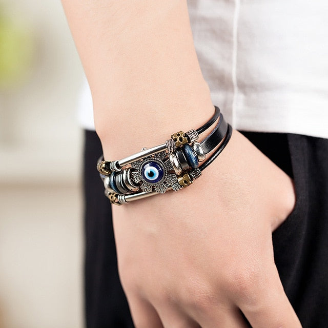 Punk Turkish Evil Eye Stainless Steel Bend Multilayer Leather Bracelet Man Woman Charm Flower Jewelry Bangle Bijouterie  geneviere Black  