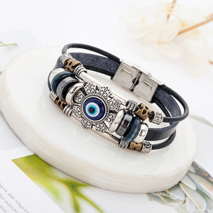 Punk Turkish Evil Eye Stainless Steel Bend Multilayer Leather Bracelet Man Woman Charm Flower Jewelry Bangle Bijouterie  geneviere   