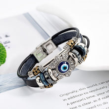 Afbeelding in Gallery-weergave laden, Punk Turkish Evil Eye Stainless Steel Bend Multilayer Leather Bracelet Man Woman Charm Flower Jewelry Bangle Bijouterie  geneviere   