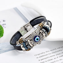 Carica l&#39;immagine nel visualizzatore di Gallery, Punk Turkish Evil Eye Stainless Steel Bend Multilayer Leather Bracelet Man Woman Charm Flower Jewelry Bangle Bijouterie  geneviere   