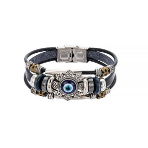 Punk Turkish Evil Eye Stainless Steel Bend Multilayer Leather Bracelet Man Woman Charm Flower Jewelry Bangle Bijouterie  geneviere   