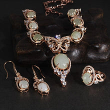 画像をギャラリービューアに読み込む, Real 925 Sterling Silver Vintage Jewelry Sets For Women Natural Jade Stone Setting Butterfly And Flowers Design Luxury Jewelry  Handmadebynepal 1Set  