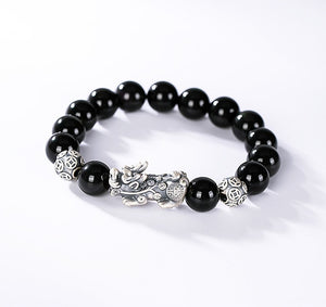 Real S925 Silver Jewelry National Style Obsidian Brave Troops Good personality Lovers Hand String Man and Woman  Bracelet  Handmadebynepal   