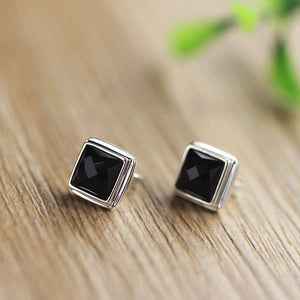 Real Solid 925 Sterling Silver Square Stud Earrings For Men With Natural Faceted Black Onyx Stone Simple Jewelry  Handmadebynepal   