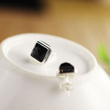 Indlæs billede til gallerivisning Real Solid 925 Sterling Silver Square Stud Earrings For Men With Natural Faceted Black Onyx Stone Simple Jewelry  Handmadebynepal 1pair  