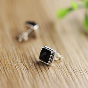 Real Solid 925 Sterling Silver Square Stud Earrings For Men With Natural Faceted Black Onyx Stone Simple Jewelry  Handmadebynepal   