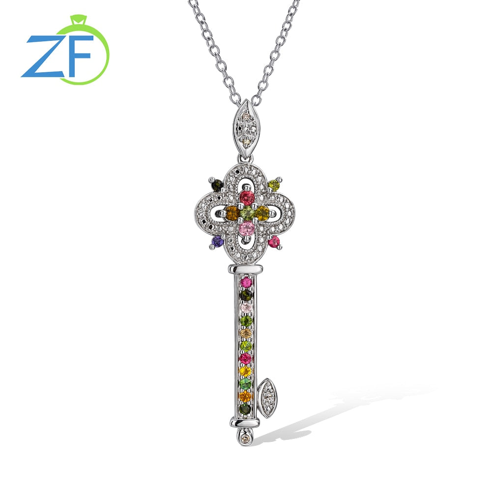 handmadebynepal Genuine 925 Sterling Silver Key Necklace For Women 0.02ct Natural Diamond and Tourmaline Pendant Fashion Fine Jewelry  Handmadebynepal   