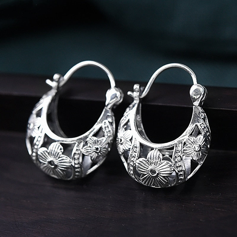 Vintage Flower Hoop Earrings 925 Sterling Silver Earrings Brincos Women Mother Day Gift Fine Jewelry  Handmadebynepal   