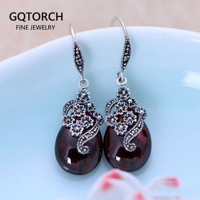 Vintage Dangling Earrings Real 925 Sterling Silver Jewelry Natural Garnet Red Stone Carved Flower Drop Shaped Earrings for Women  Handmadebynepal   